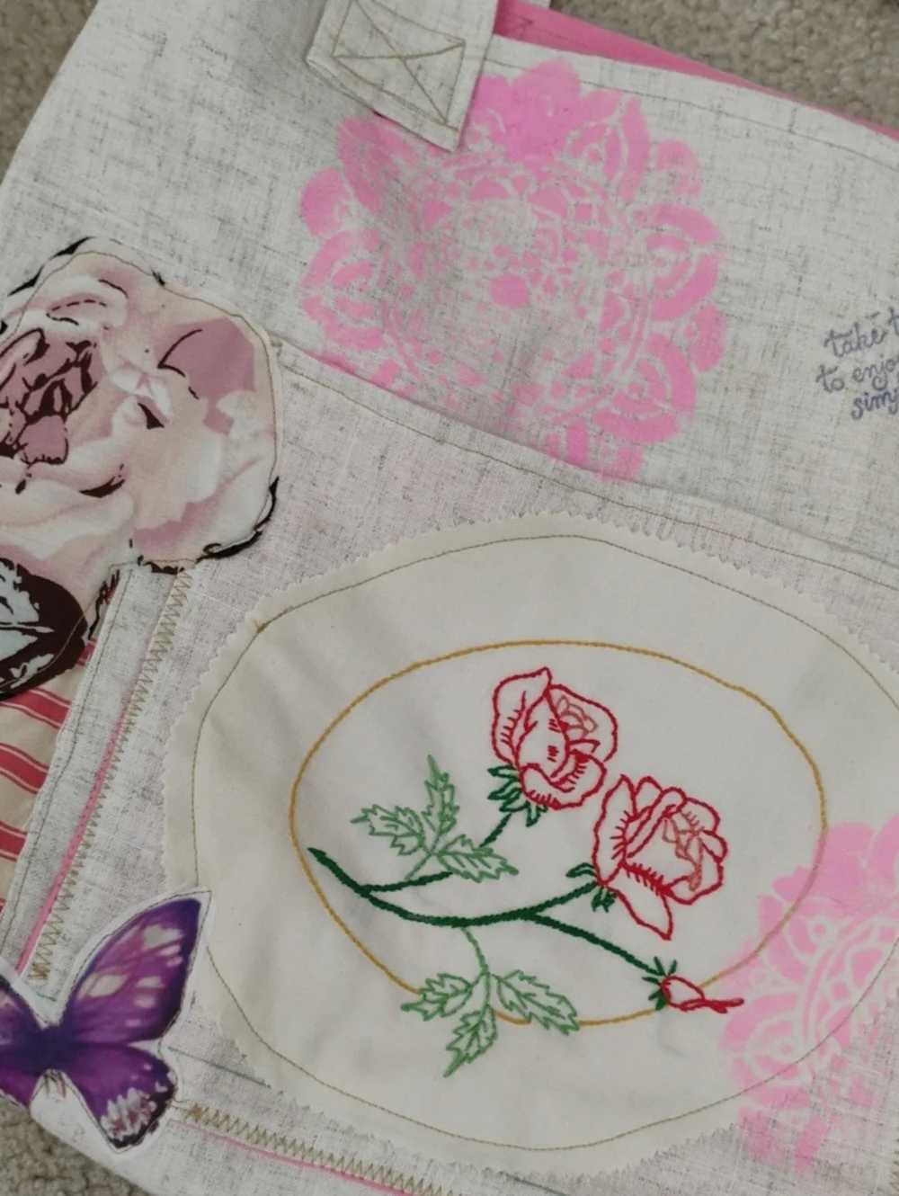 OOAK Handcrafted Upcycled Canvas Tote Bag Cat Butterfly Patchwork Floral